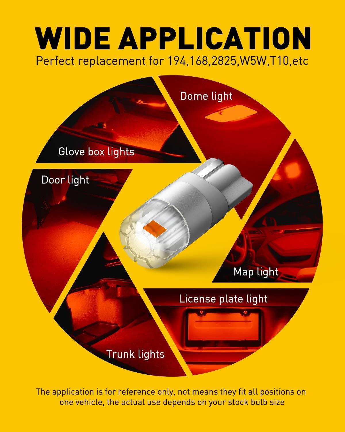 imageAUXITO 194 LED Bulbs White Super Bright 11 Size License Plate Light 168 2825 W5W T10 Error Free Car Bulbs for Dome Map Door Courtesy Side Marker Cornering Trunk Light Pack of 2Red
