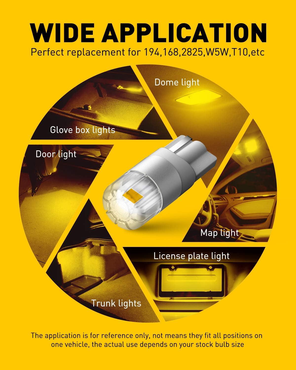 imageAUXITO 194 LED Bulbs White Super Bright 11 Size License Plate Light 168 2825 W5W T10 Error Free Car Bulbs for Dome Map Door Courtesy Side Marker Cornering Trunk Light Pack of 2Amber Yellow