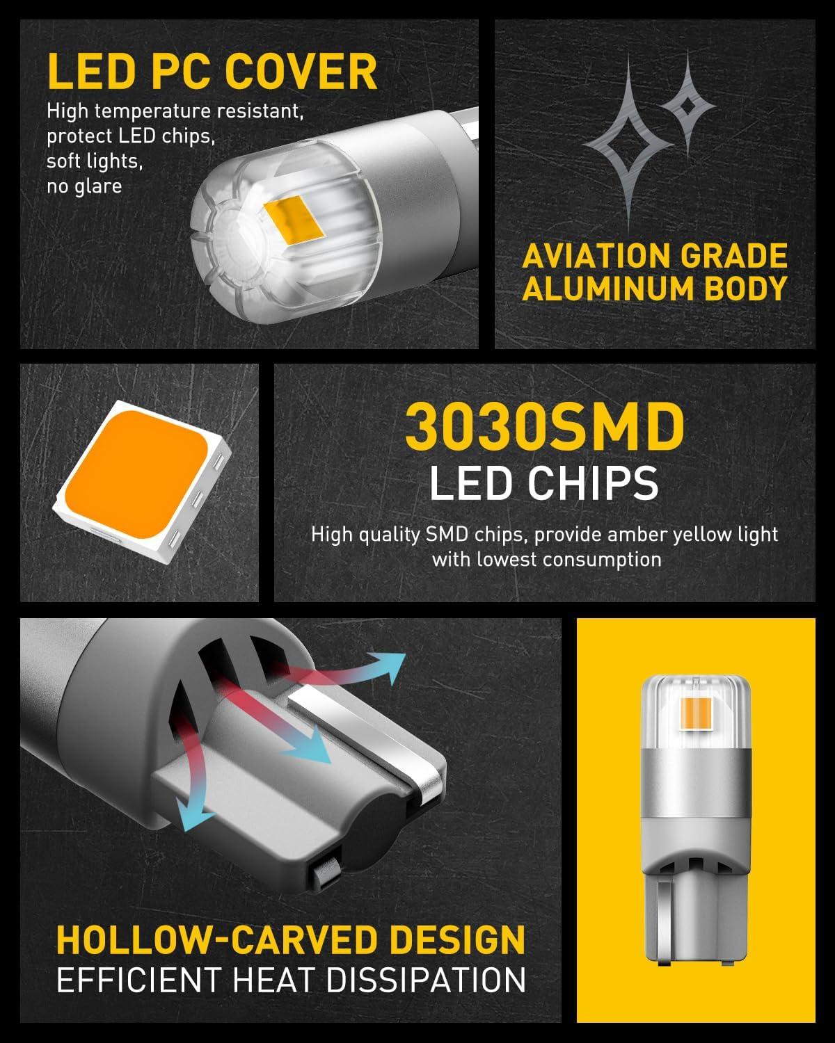 imageAUXITO 194 LED Bulbs White Super Bright 11 Size License Plate Light 168 2825 W5W T10 Error Free Car Bulbs for Dome Map Door Courtesy Side Marker Cornering Trunk Light Pack of 2Amber Yellow