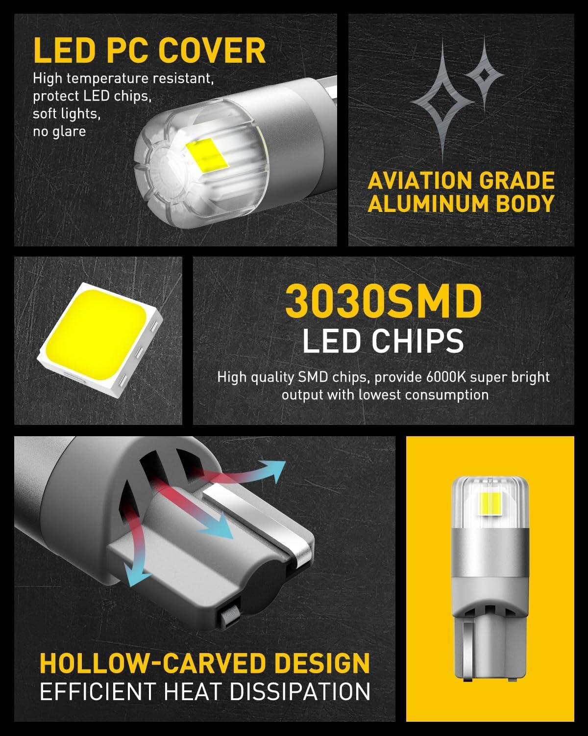 imageAUXITO 194 LED Bulbs White Super Bright 11 Size License Plate Light 168 2825 W5W T10 Error Free Car Bulbs for Dome Map Door Courtesy Side Marker Cornering Trunk Light Pack of 2White