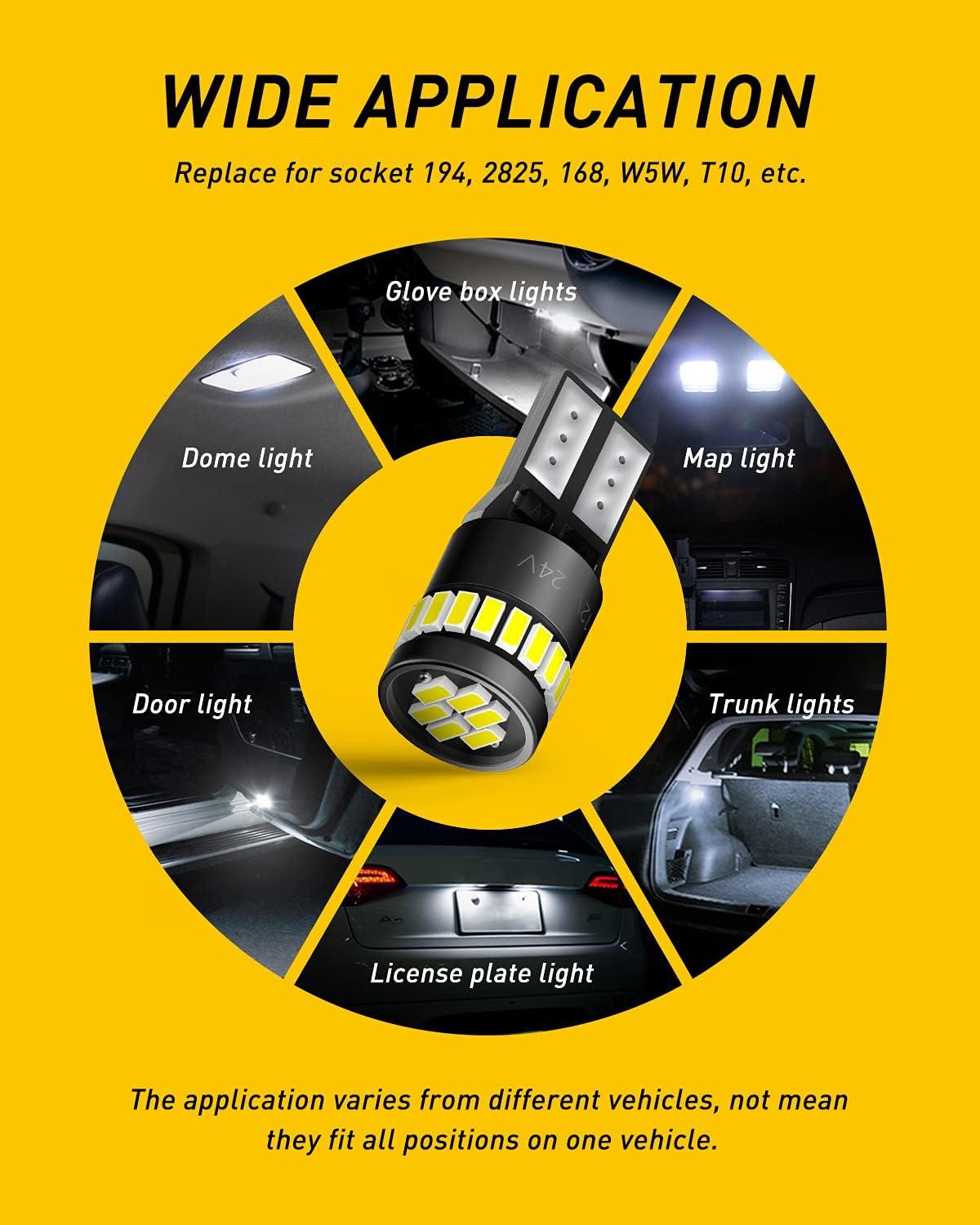 imageAUXITO 194 LED Bulbs for License Plate Light 168 175 2825 W5W T10 24SMD 3014 Chipsets 6000K White for Car Dome Door Map Dash Courtesy Cargo License Plate Lights Pack of 2Xenon White