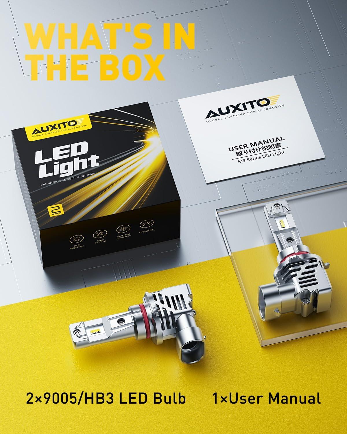 imageAUXITO 9005HB3 LED Bulb 800 Brighter 3 Min Quick Install 20 Years Lifespan No Flicker 99 Compatibility