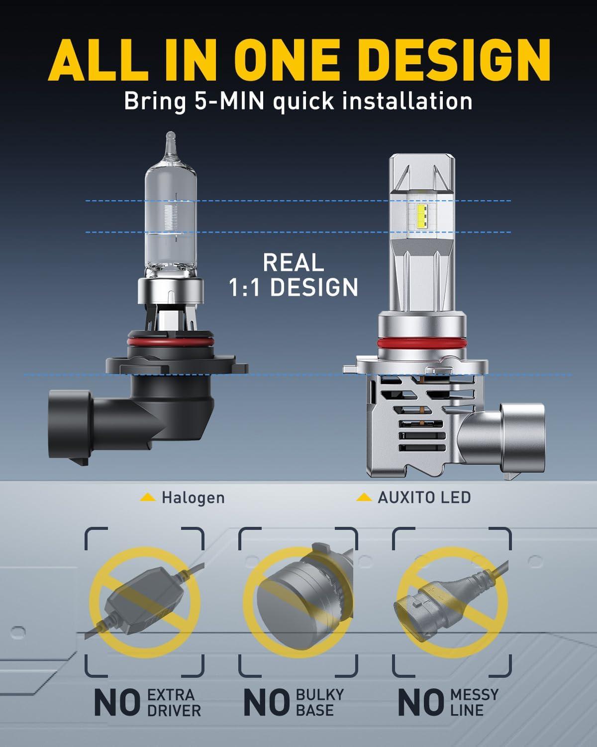 imageAUXITO 9005HB3 LED Bulb 800 Brighter 3 Min Quick Install 20 Years Lifespan No Flicker 99 Compatibility