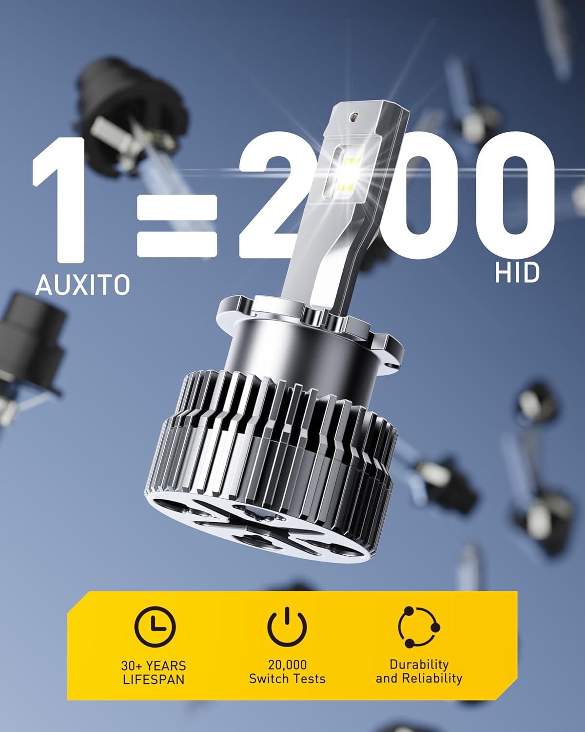 imageAUXITO D3S D3R LED Bulbs 24000Lumens 120W 6000K White 500 Brightness Xenon HID Replacement Lights Plug and Play Fog Light Bulbs Pack of 2D2S