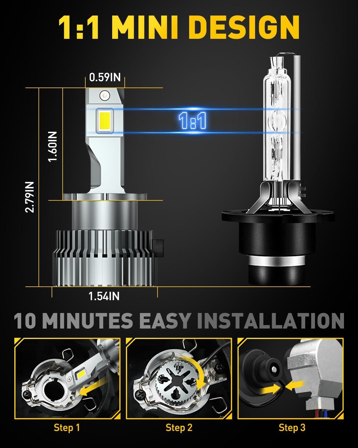 imageAUXITO D3S D3R LED Bulbs 24000Lumens 120W 6000K White 500 Brightness Xenon HID Replacement Lights Plug and Play Fog Light Bulbs Pack of 2D4S