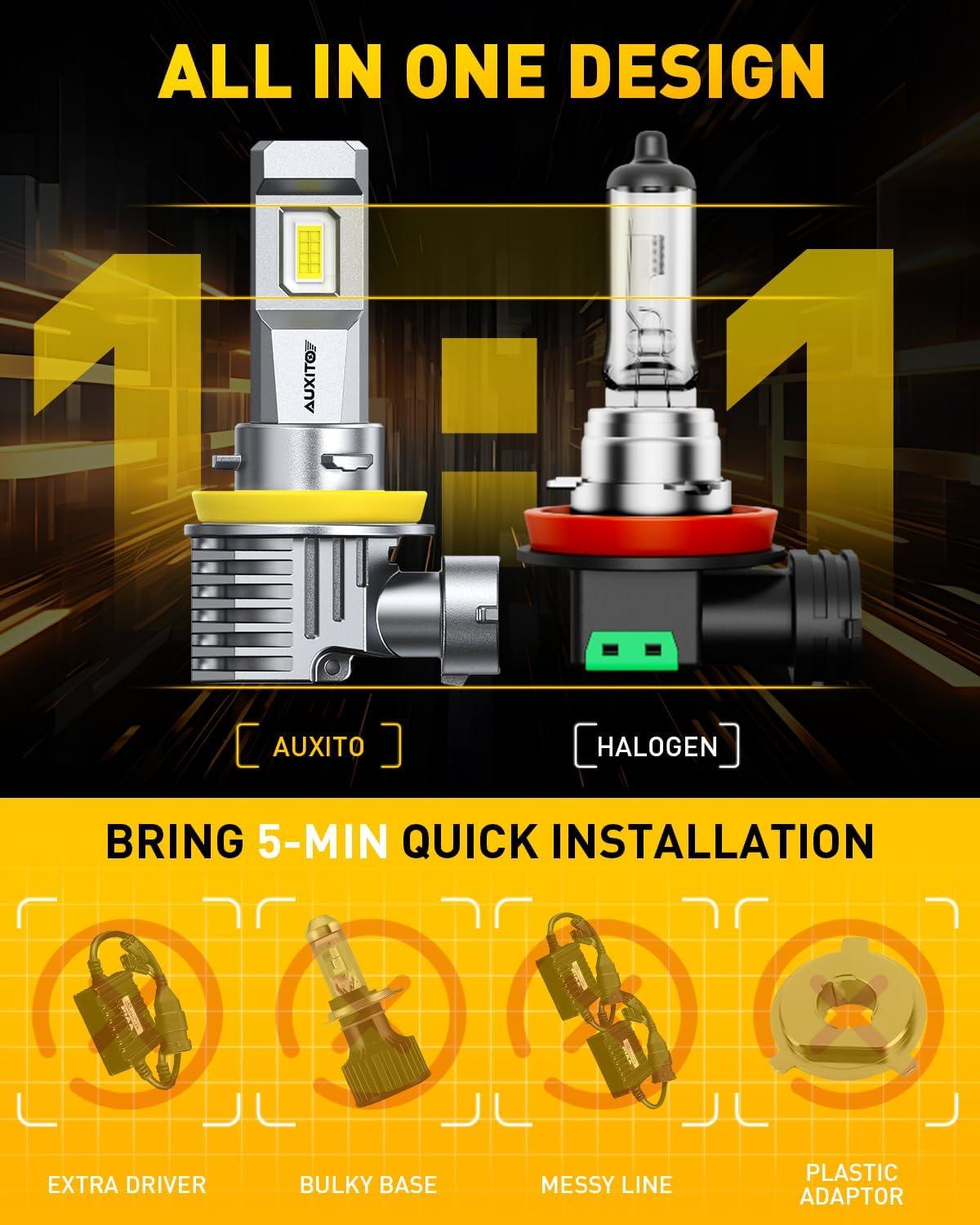 imageAUXITO H11 Light Bulb 900 Brightness 6500K H8 H9 Bulbs 11 Mini Size PlugNPlay IP68 Waterproof Pack of 2H11
