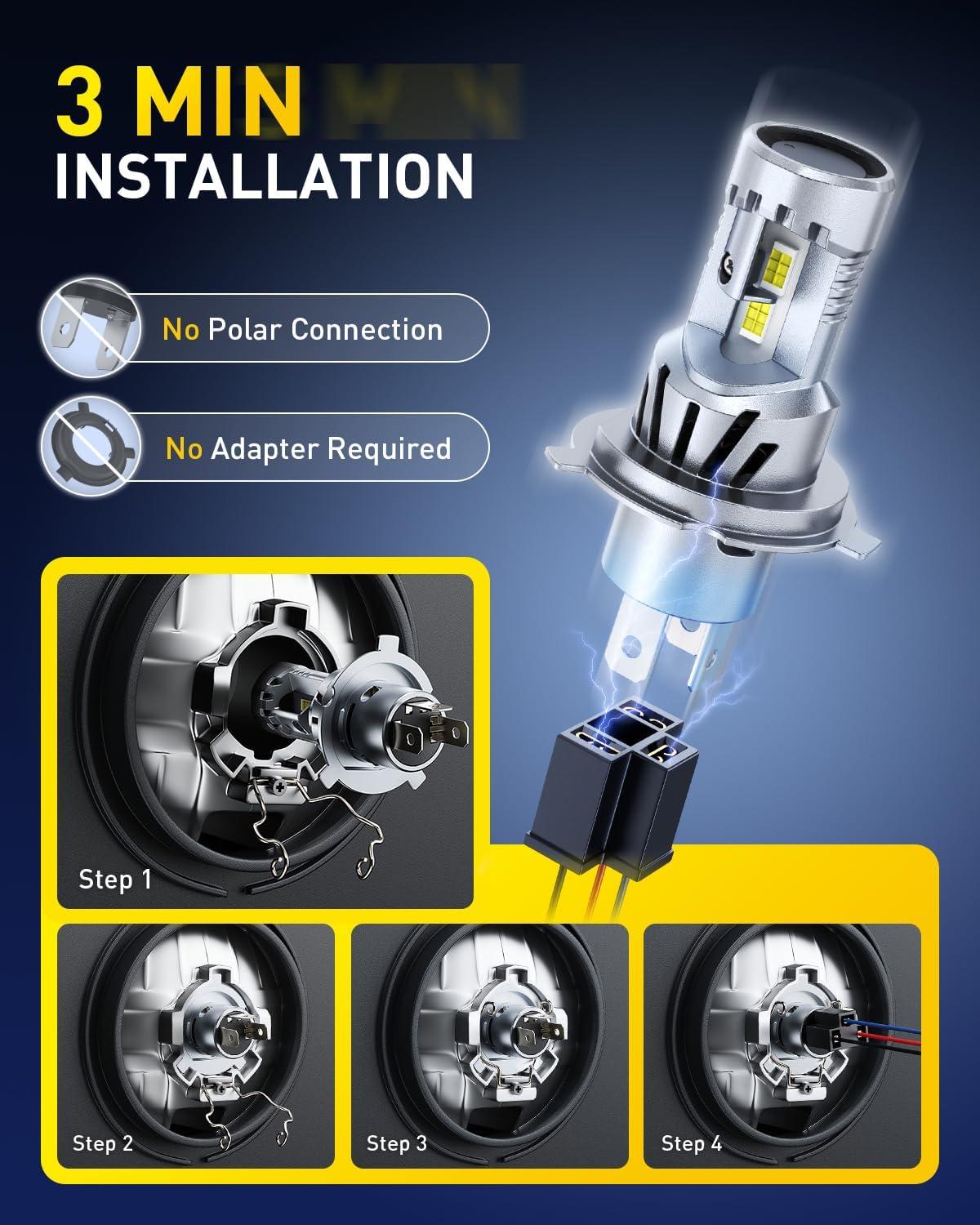 imageAUXITO H4 LED Bulb 9003 Light Bulbs 48000LM Long Lasting Dual Turbo Cooling Fan Plug N Play 3MIN Installation 50000hrs Lifespan9003H4HB2