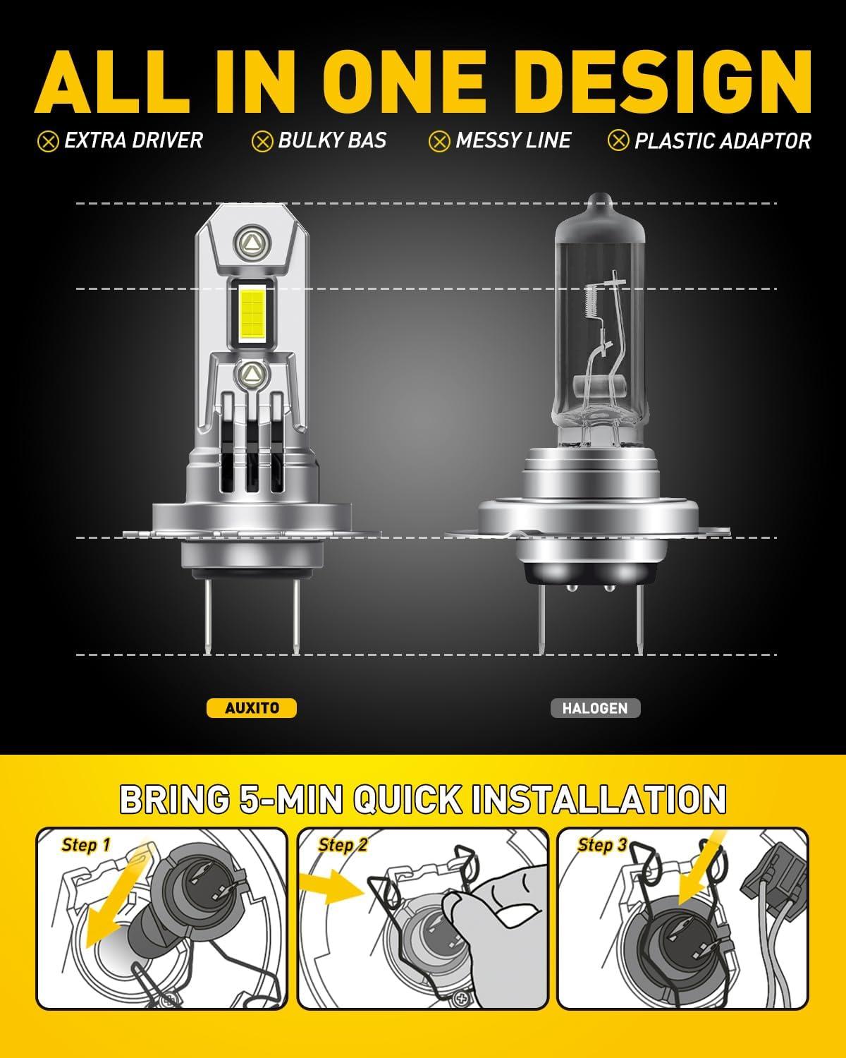 imageAUXITO H4 LED Bulb 9003 Light Bulbs 48000LM Long Lasting Dual Turbo Cooling Fan Plug N Play 3MIN Installation 50000hrs LifespanH7H7LL