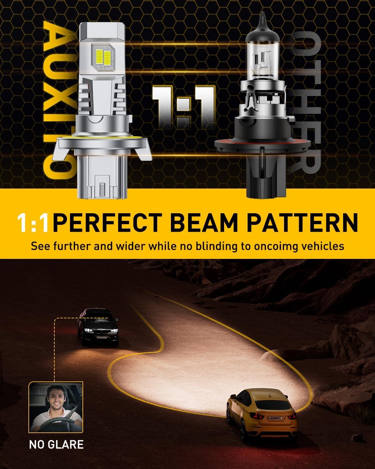 imageAUXITO New Upgraded H13 Bulbs 33000LM 900 Ultra Brightness 11 Halogen Size 6500K White 9008 Light Bulbs for Fog Light Nonpolarity Plug and Play Pack of 2H139008