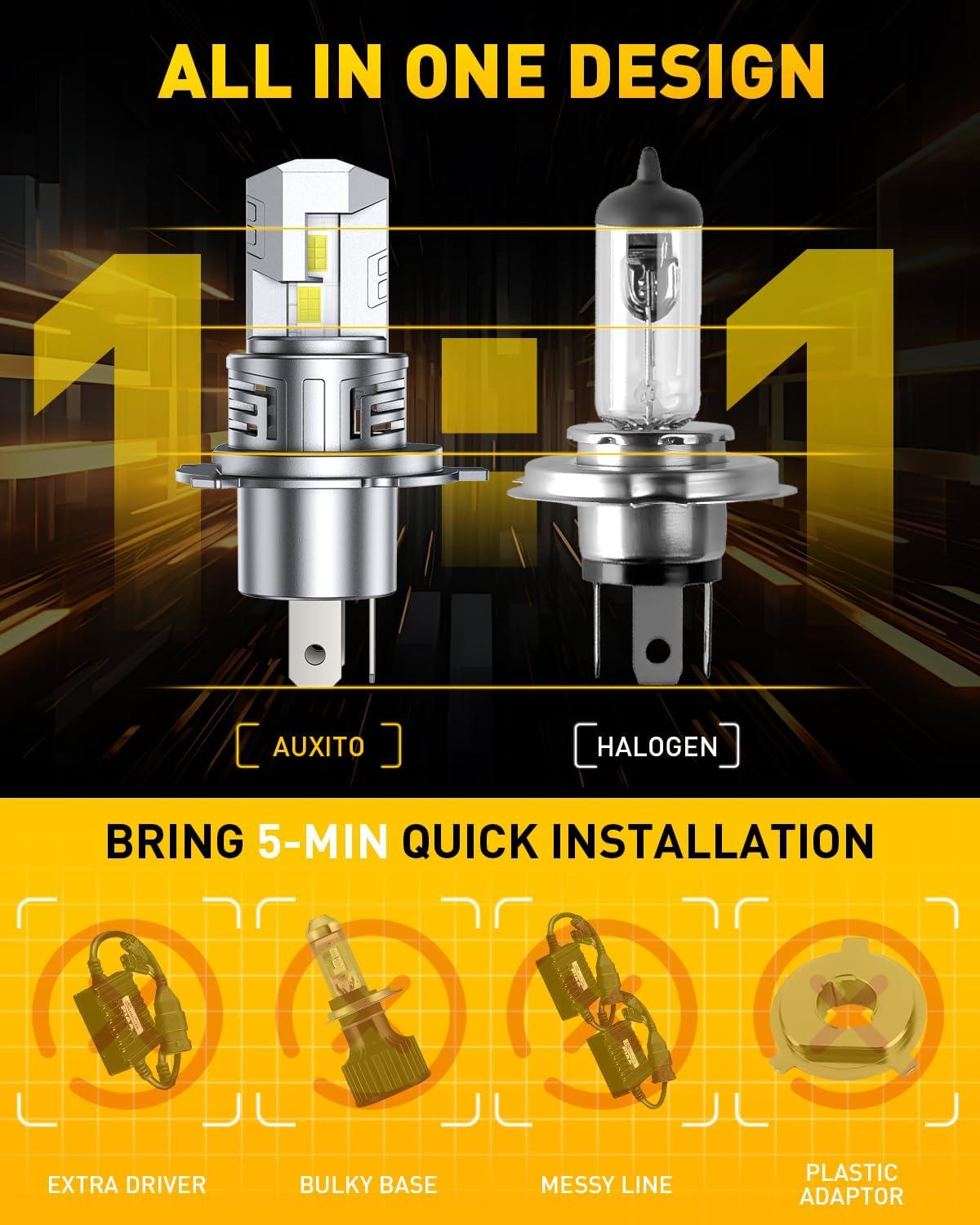 imageAUXITO New Upgraded H13 Bulbs 33000LM 900 Ultra Brightness 11 Halogen Size 6500K White 9008 Light Bulbs for Fog Light Nonpolarity Plug and Play Pack of 2H49003