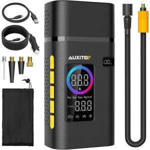 imageAUXITO Tire Inflator Portable Air Compressor 150PSI Air Pump for Car Tires Motorcycle Bikes Balls with Rechargeable Battery Digital Pressure Gauge Emergency LED Light