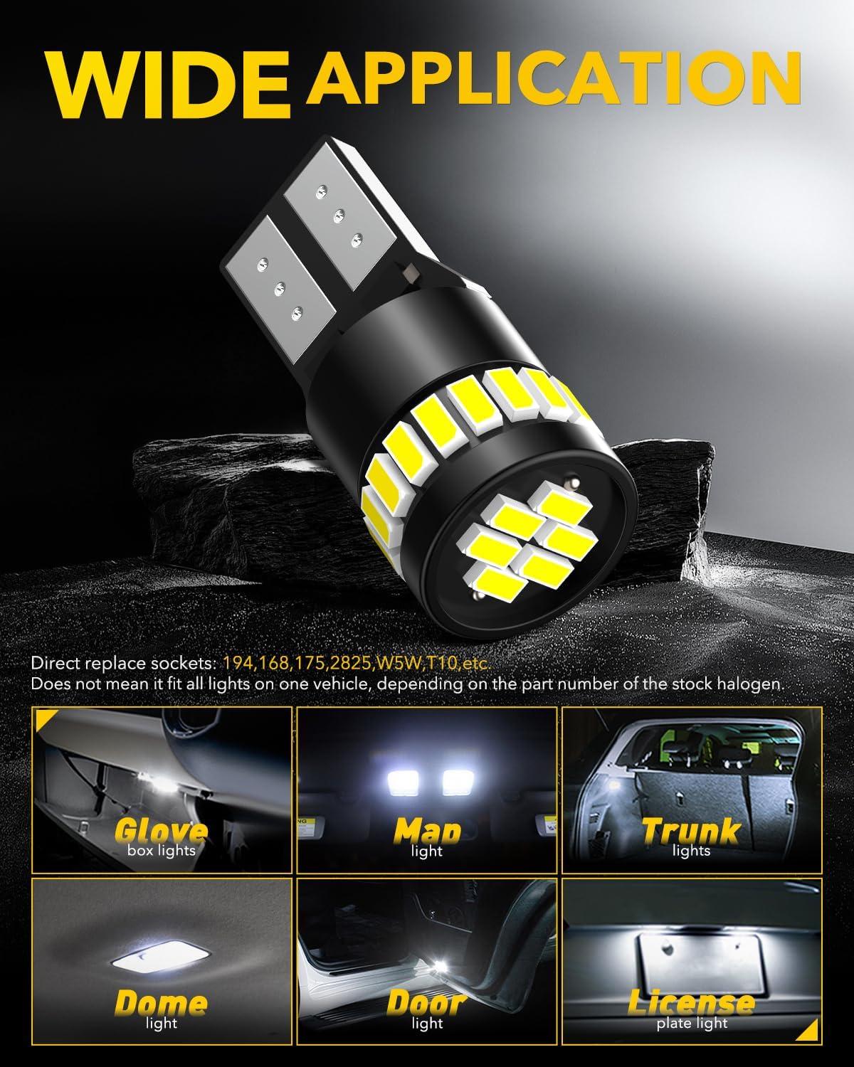 imageAUXITO 194 LED Bulb Amber Yellow Canbus Error Free 168 175 2825 W5W T10 LED Replacement Light Kit for Car Interior Map Marker Exterior Lights License Plate Lights Dome Lights Pack of 2Xenon White
