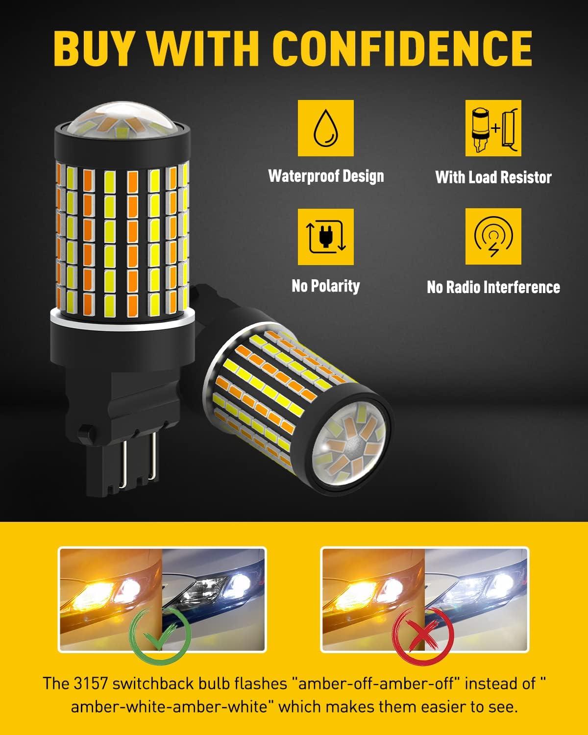 imageAUXITO Upgraded 3157 Switchback LED Turn Signal Light Bulbs 500 Brighter 3155 3457 4157 3057 4157NA WhiteAmber Dual Color with Projector for Turn Signal Blinker DRL Parking Light Pack of 2