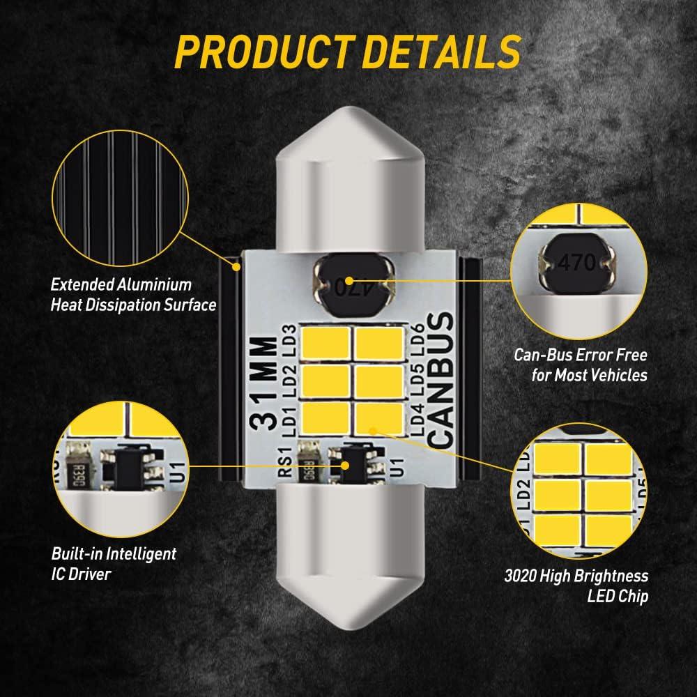 imageAUXITO Upgraded 400 Lumens 125 inch 31MM DE3175 DE3021 Canbus Error Free Festoon LED Bulbs 3020 Chipsets for Interior Car License Plate Dome Map Door Courtesy Lights Xenon White Pack of 2