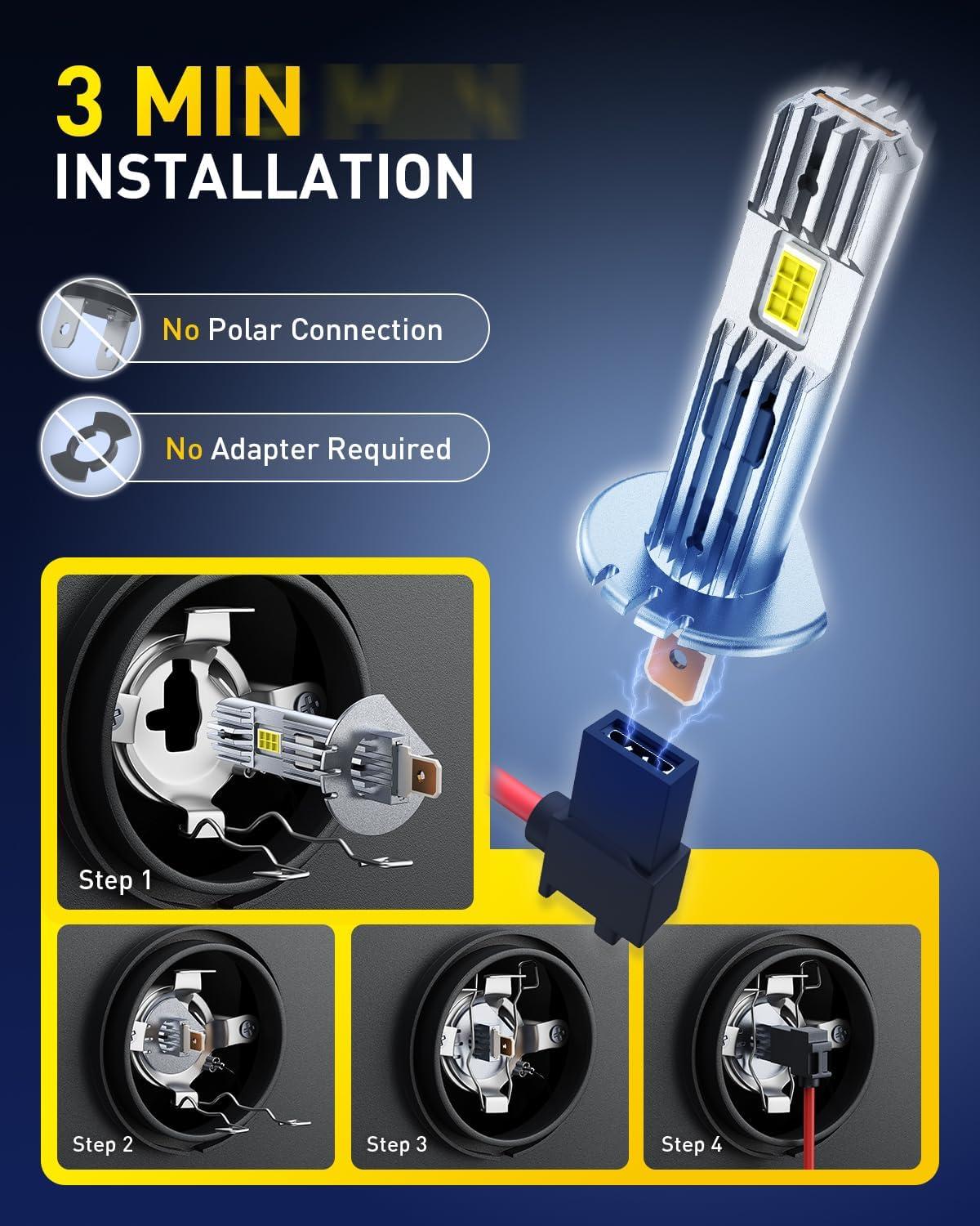 imageAUXITO H1 LED Bulbs 600 UltraBright 6500K White No Adapter Required Easy install Long Lifespan No Flicker 99 Compatibility Pack of 2H1