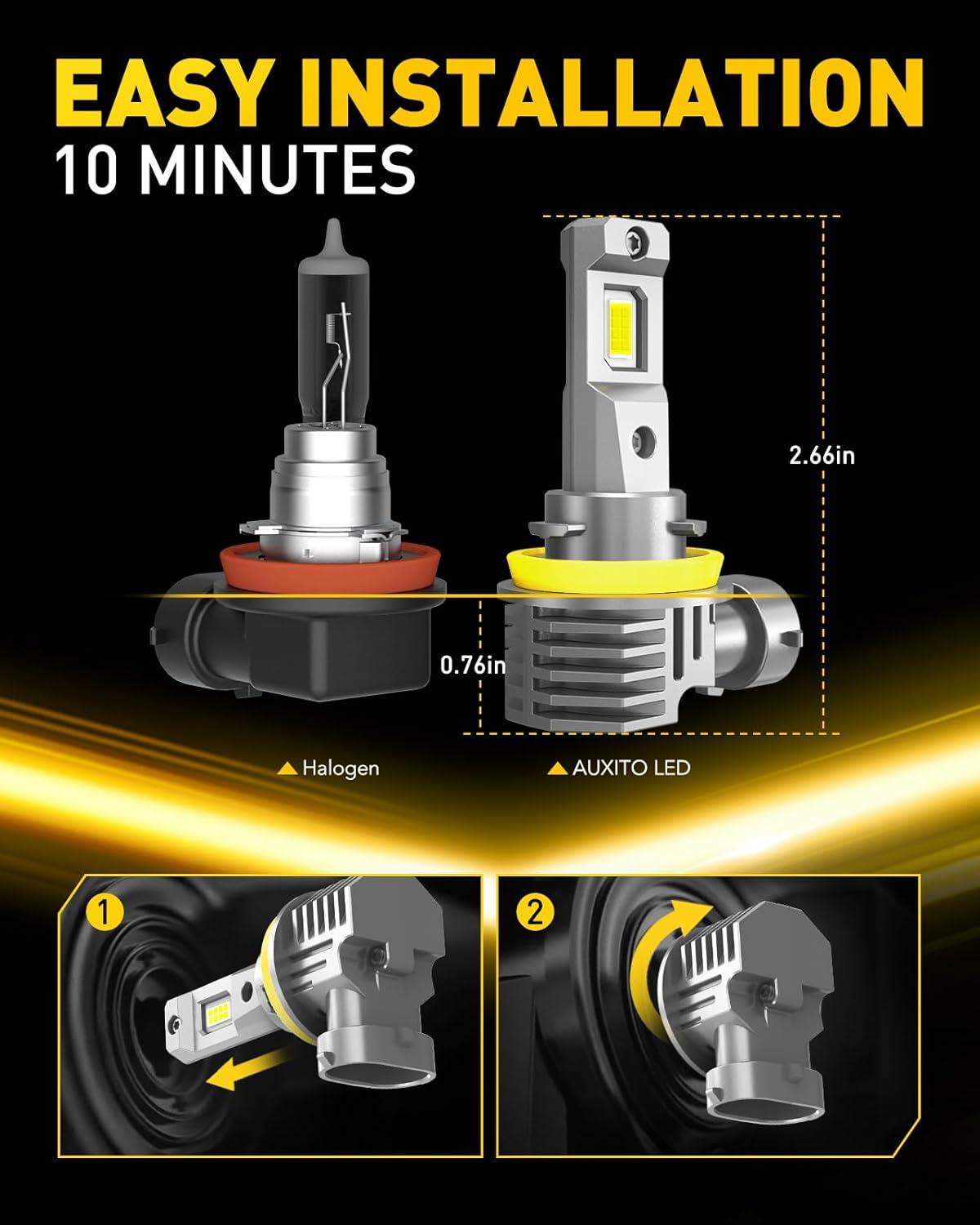 imageAUXITO 9005HB3 H11H8H9 LED Bulbs Combo 50000LM Bright 6500K Cool White 120W Fanless Fog Light Bulbs Pack of 4