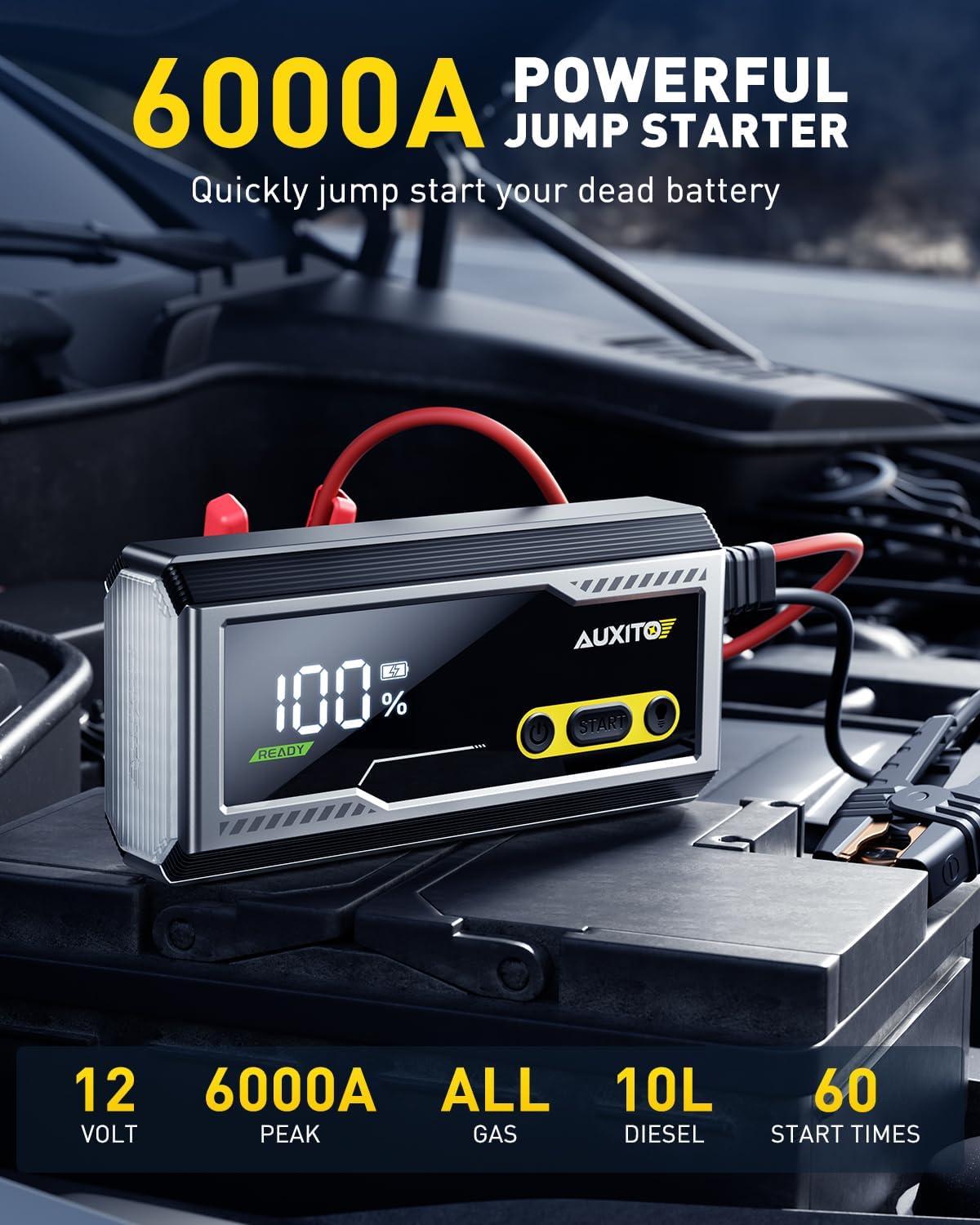 imageAUXITO 6000A Jump Starter 12V Car Battery Jump Starter Up to All Gas ampamp 12L Diesel Engine with LED Display Portable Jump Box with 3 Modes Flashlight and Jumper Cable Storage Case