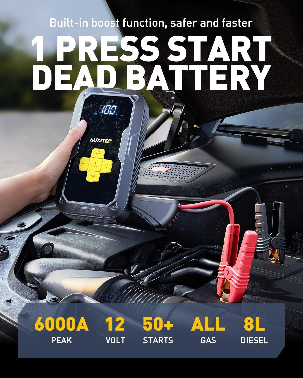 imageAUXITO Portable Jump Starter with Air Compressor 6000A Tire Inflator and Battery Jumper 150PSI Fast Inflation for All 12V Vehicle 7in 1 Emergency Power Bank with LED Light ampamp SOS